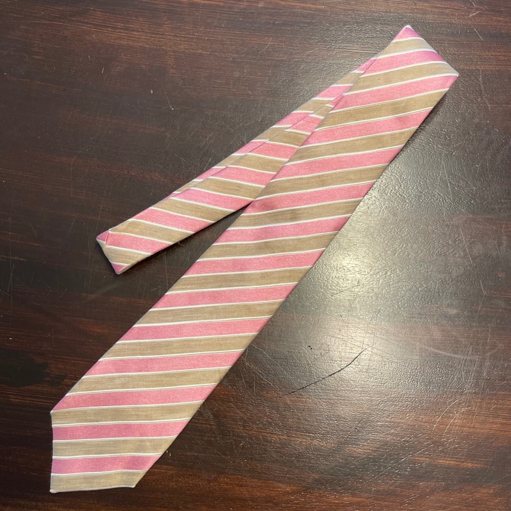 Isaia Napoli 7-Fold Silk Tie Pink Tan White Diagonal Stripe Made in Italy